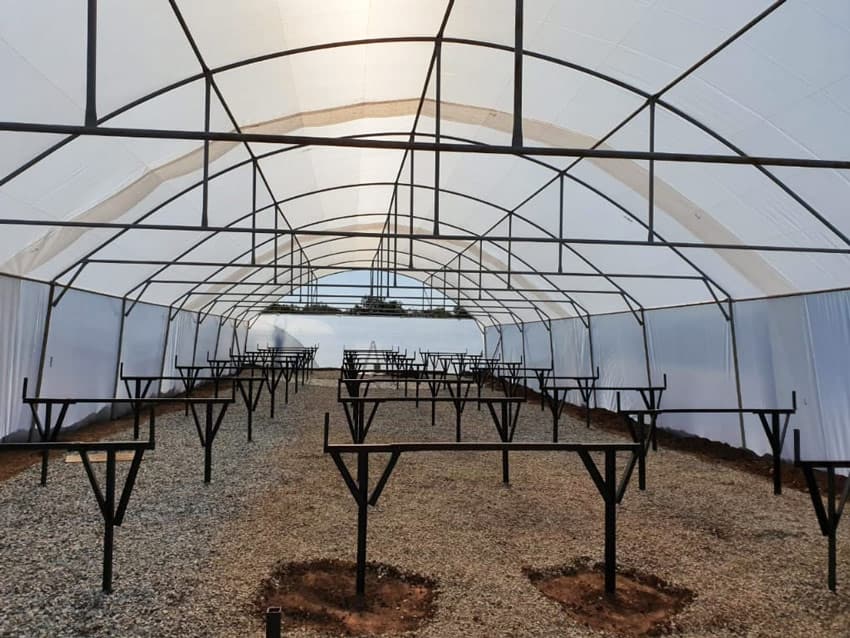 Rows of empty steel seedling benches on gravel inside a new tunnel