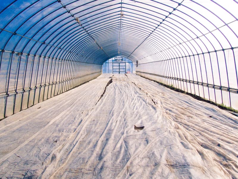 Inside a long tunnel frame, with the steel arches and side rails exposed and a cover laid along the floor